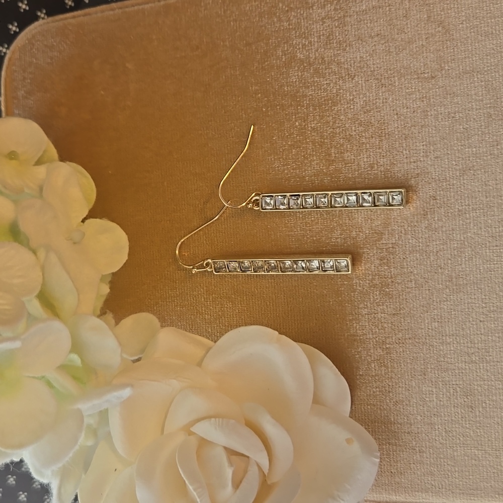 Limited Gold Tone Bar CZ Drop Dangle Earrings NWT